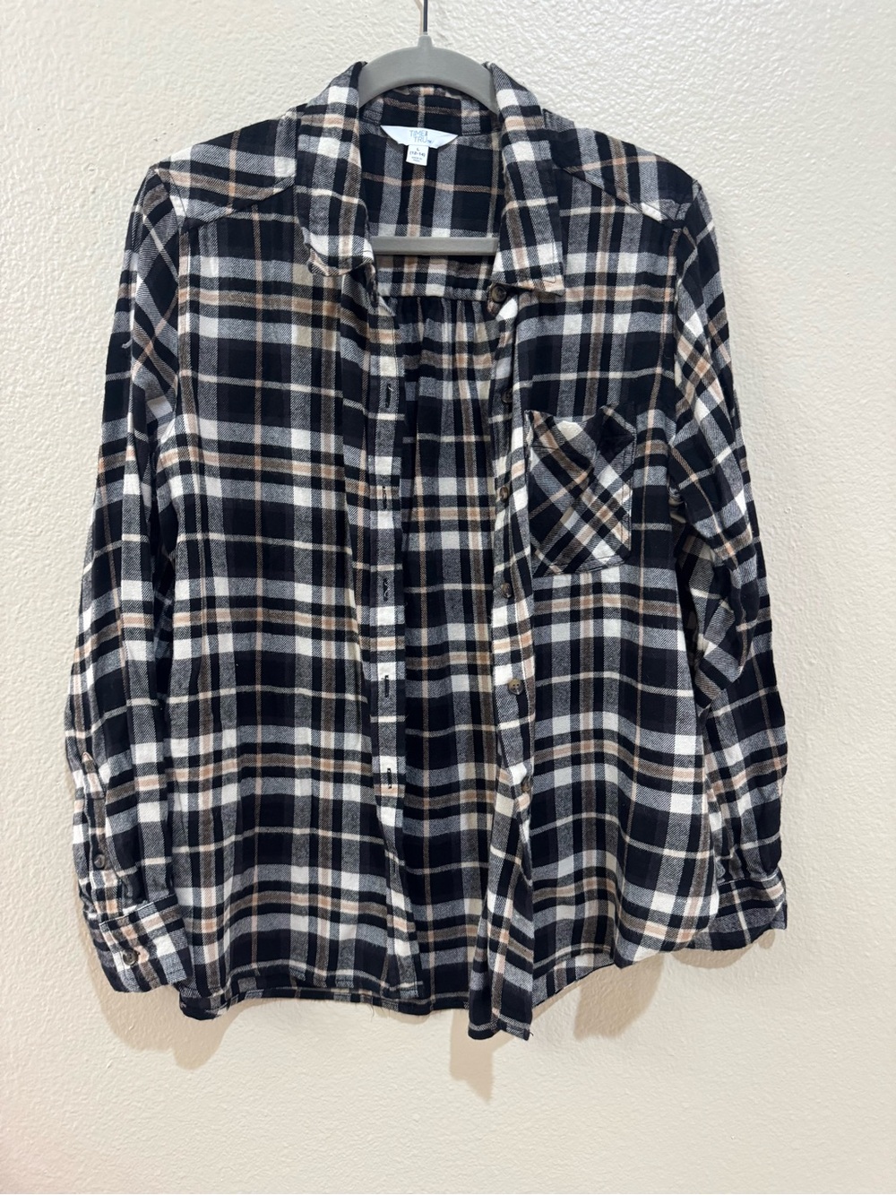 Time and Tru Black & White Plaid Flannel Shirt Size L (12-14)